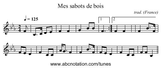 Mes sabots de bois - staff notation