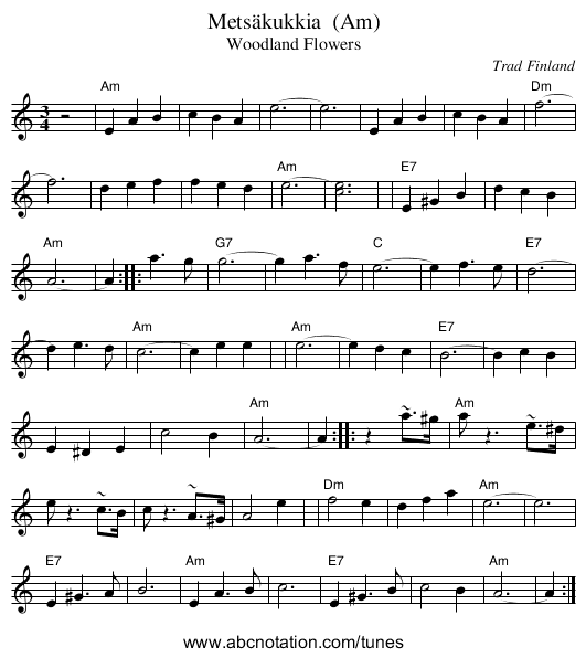 Mets&auml;kukkia  (Am) - staff notation