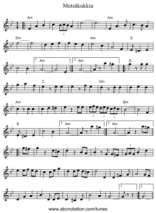 Metsäkukkia - staff notation