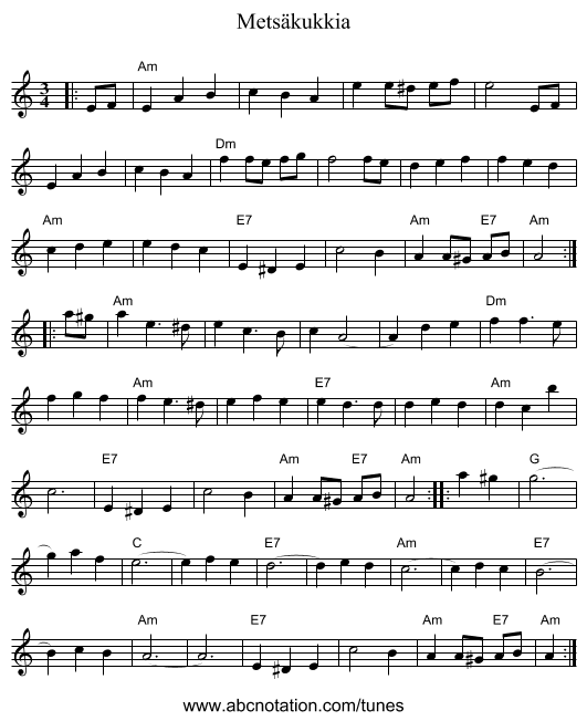 Metsäkukkia - staff notation