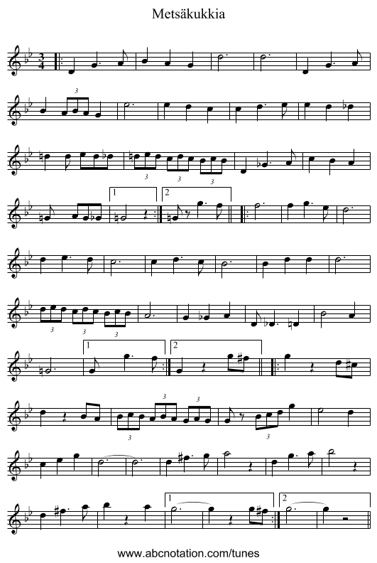 Metsäkukkia - staff notation