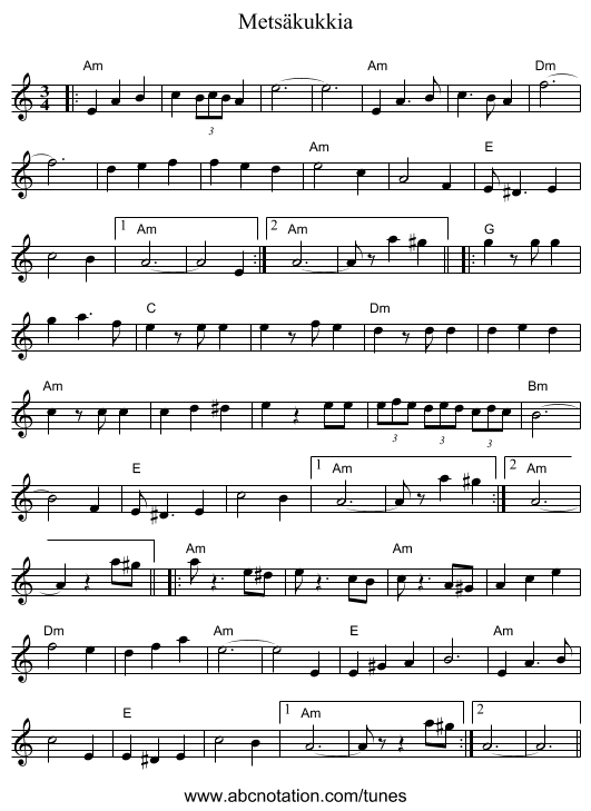 Metsäkukkia - staff notation