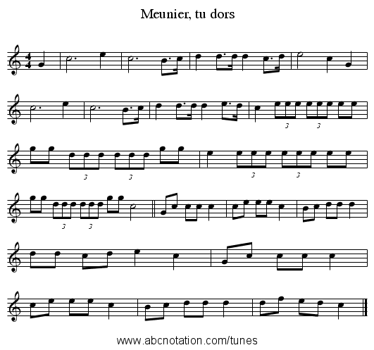 Meunier, tu dors - staff notation