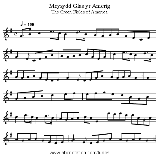 Meysydd Glas yr Amerig - staff notation
