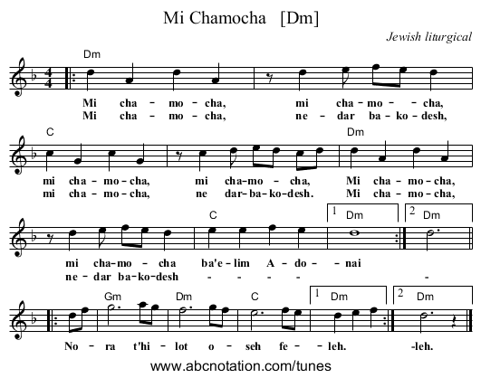 Mi Chamocha   [Dm] - staff notation