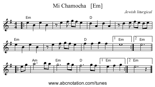 Mi Chamocha   [Em] - staff notation