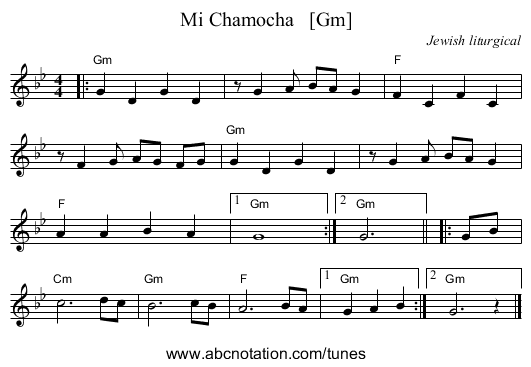 Mi Chamocha   [Gm] - staff notation