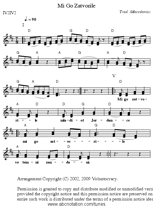 Mi Go Zatvorile - staff notation