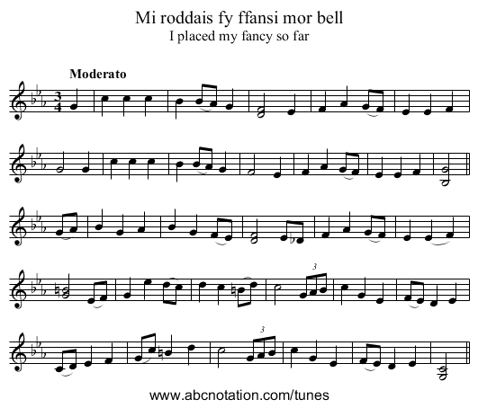 Mi roddais fy ffansi mor bell - staff notation