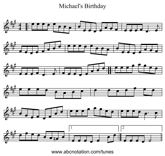 Michael's Birthday - staff notation