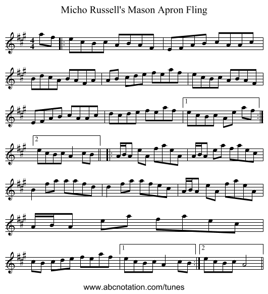 Micho Russell's Mason Apron Fling - staff notation