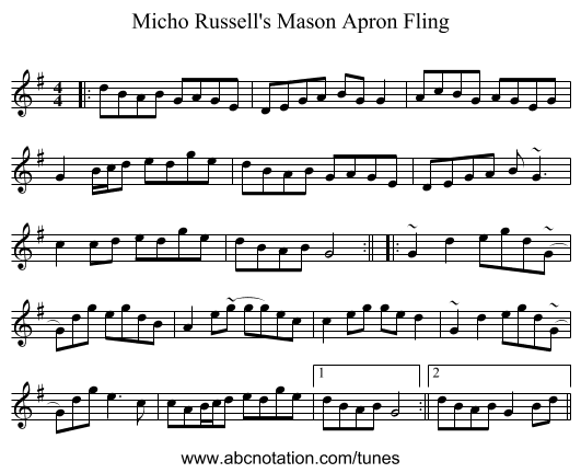 Micho Russell's Mason Apron Fling - staff notation