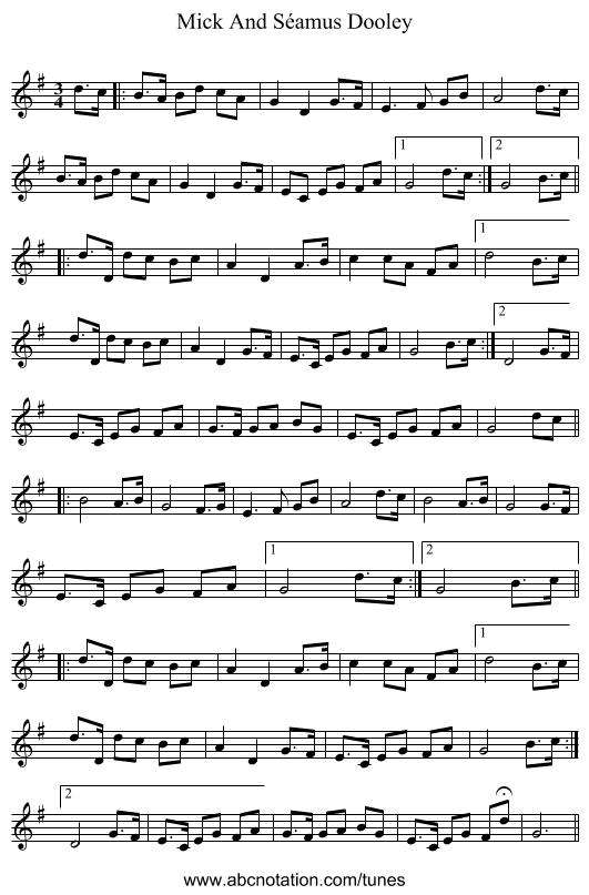 Mick And Séamus Dooley - staff notation