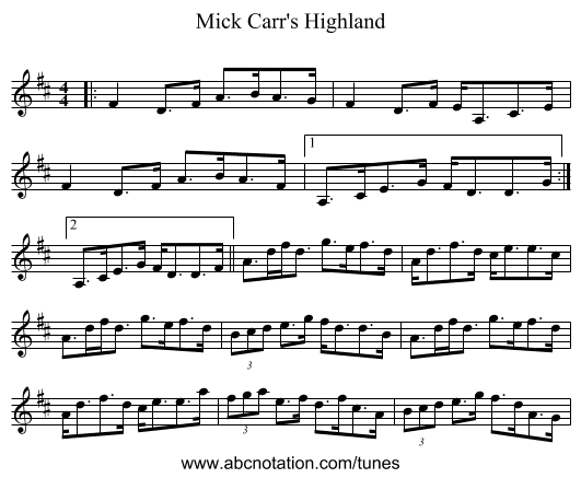 Mick Carr's Highland - staff notation