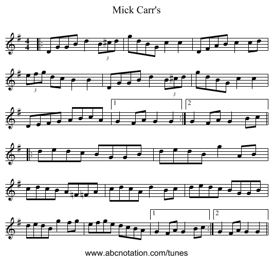 Mick Carr's - staff notation