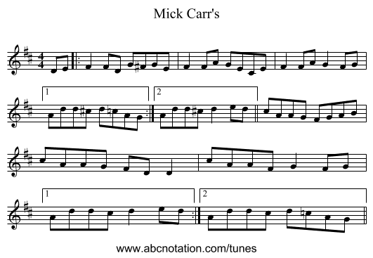 Mick Carr's - staff notation