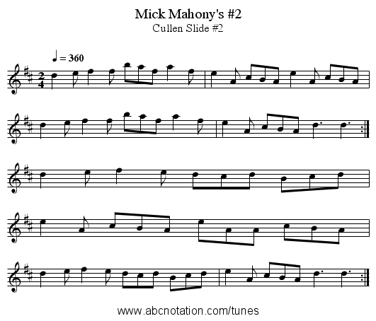 Mick Mahony's #2 - staff notation