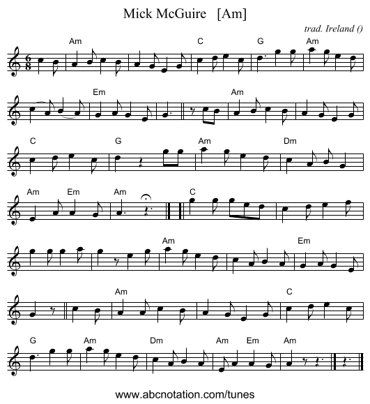 Mick McGuire   [Am] - staff notation
