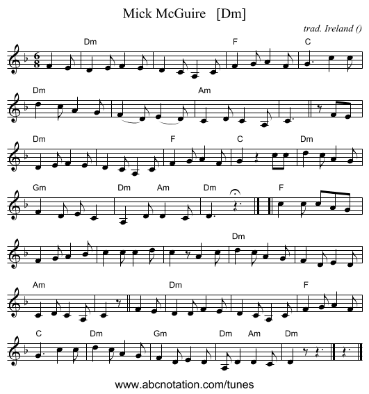Mick McGuire   [Dm] - staff notation