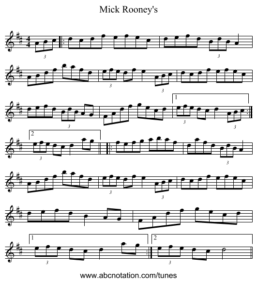 Mick Rooney's - staff notation