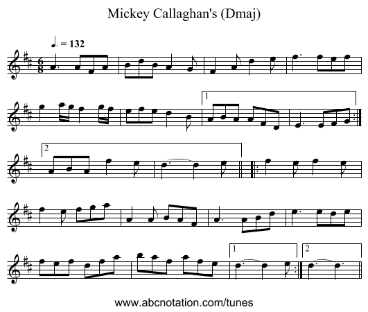 Mickey Callaghan's (Dmaj) - staff notation
