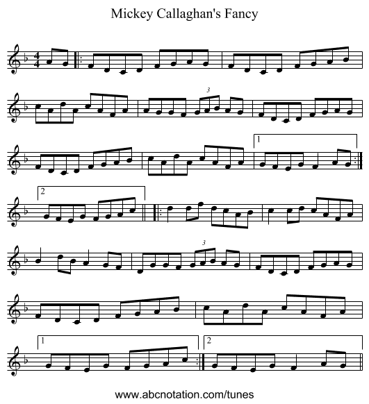 Mickey Callaghan's Fancy - staff notation