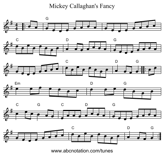 Mickey Callaghan's Fancy - staff notation