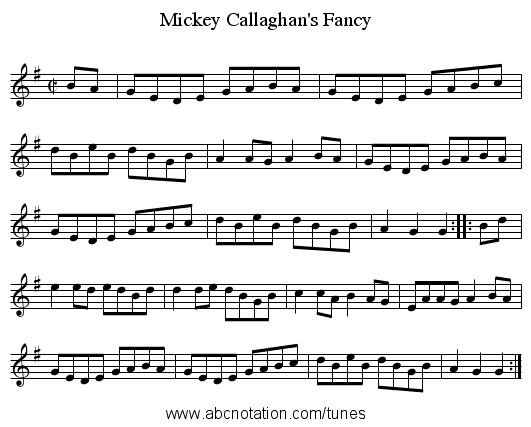 Mickey Callaghan's Fancy - staff notation