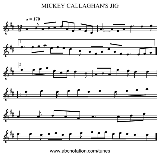 MICKEY CALLAGHAN'S JIG - staff notation