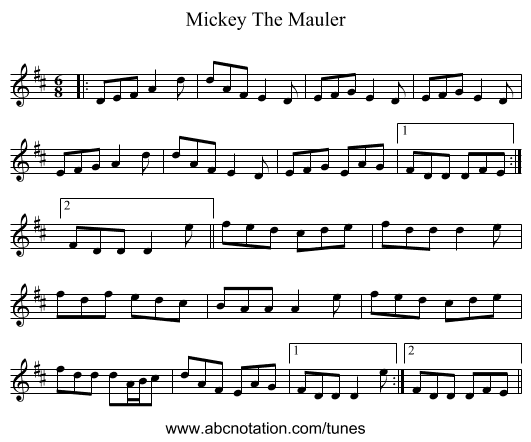 Mickey The Mauler - staff notation