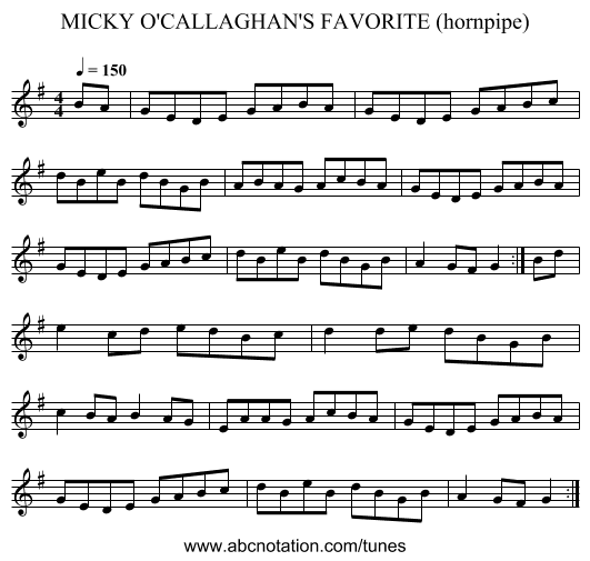 MICKY O'CALLAGHAN'S FAVORITE (hornpipe) - staff notation