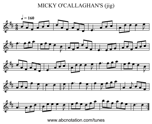 MICKY O'CALLAGHAN'S (jig) - staff notation