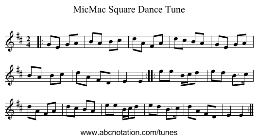 MicMac Square Dance Tune - staff notation