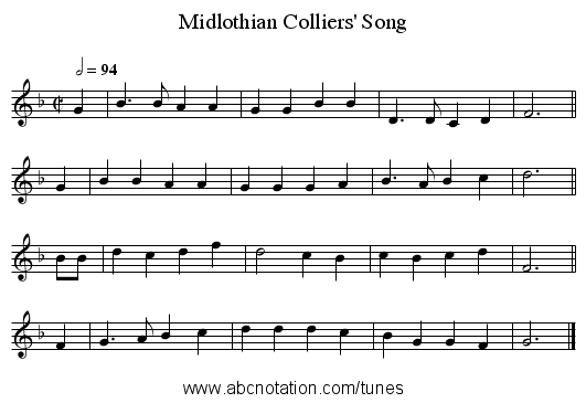 Midlothian Colliers' Song - staff notation