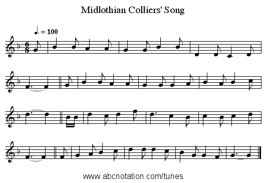 Midlothian Colliers' Song - staff notation