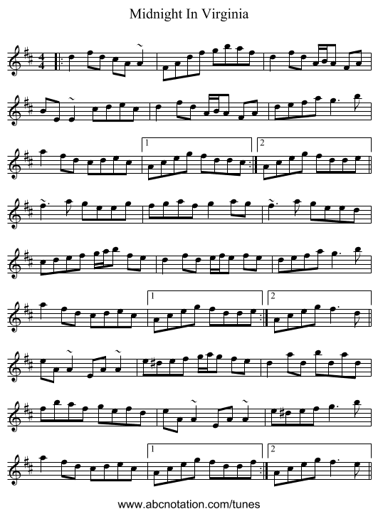 Midnight In Virginia - staff notation