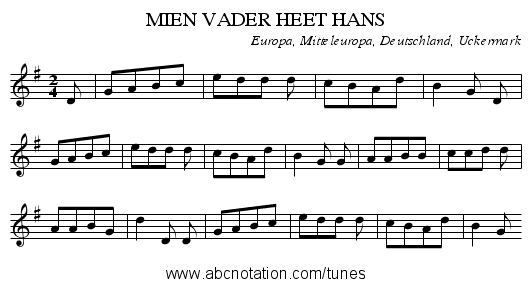 MIEN VADER HEET HANS - staff notation