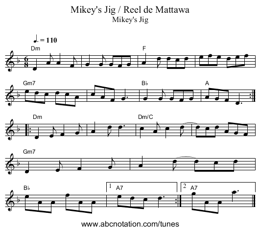 Mikey's Jig / Reel de Mattawa - staff notation