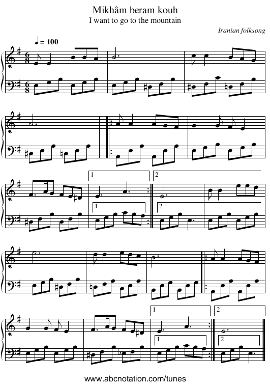 Mikhâm beram kouh - staff notation