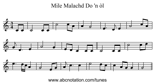 Mile Malachd Do 'n òl - staff notation