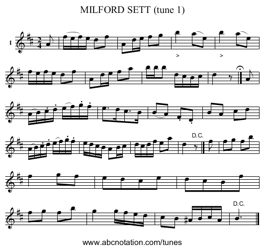 MILFORD SETT (tune 1) - staff notation