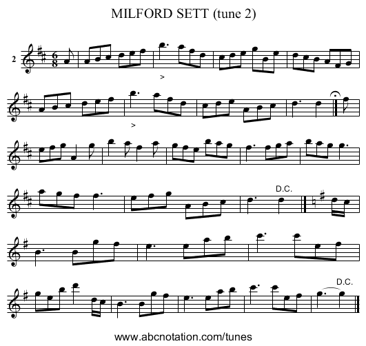 MILFORD SETT (tune 2) - staff notation