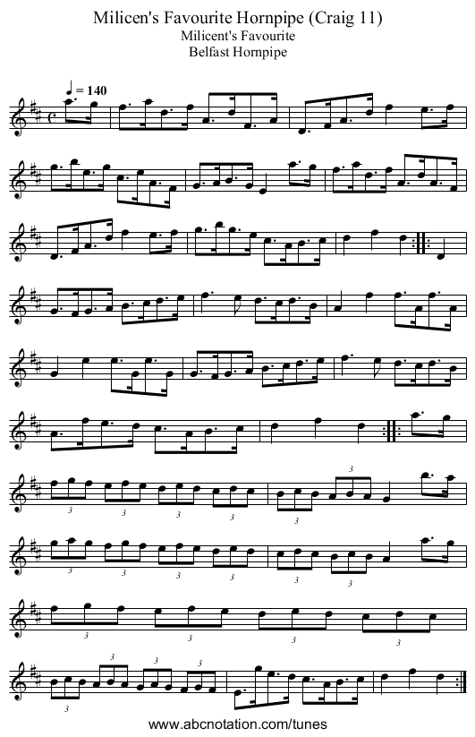 Milicen's Favourite Hornpipe (Craig 11) - staff notation