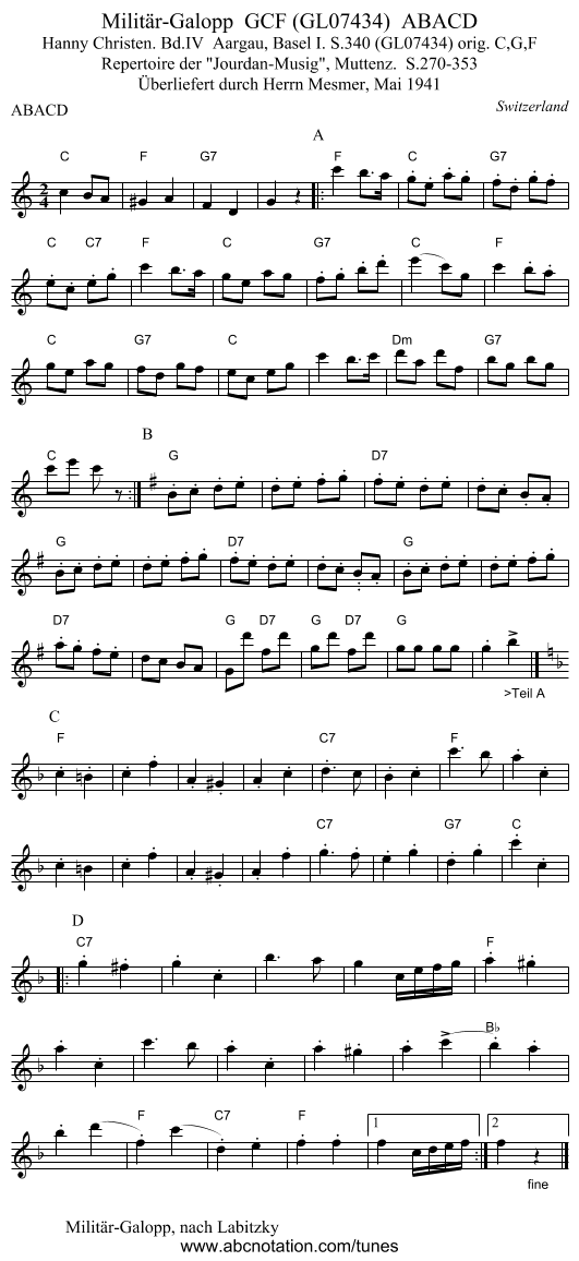 Militär-Galopp  GCF (GL07434)  ABACD - staff notation