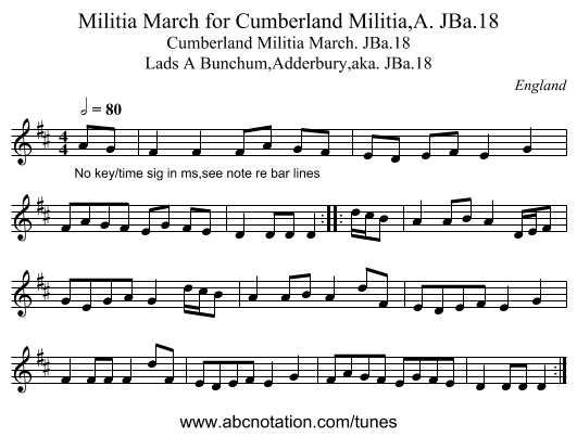 Militia March for Cumberland Militia,A. JBa.18 - staff notation