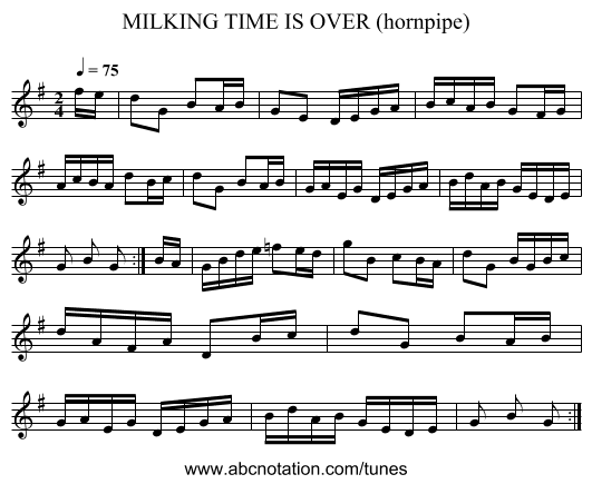 MILKING TIME IS OVER (hornpipe) - staff notation
