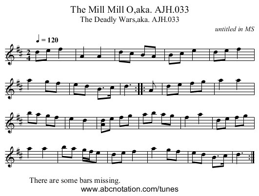 Mill Mill O,aka. AJH.033, The - staff notation