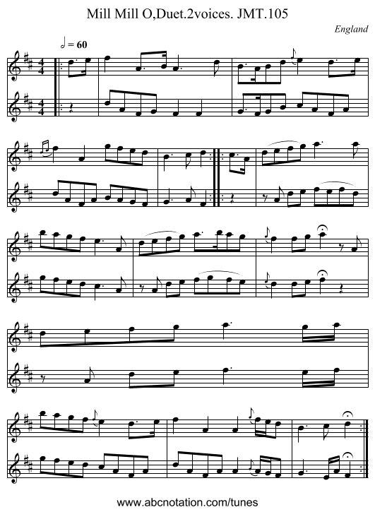 Mill Mill O,Duet.2voices. JMT.105 - staff notation