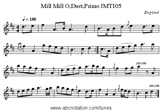 Mill Mill O,Duet,Primo JMT105 - staff notation