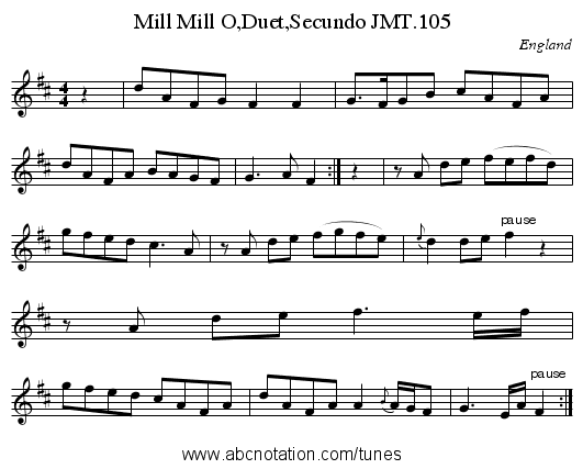 Mill Mill O,Duet,Secundo JMT.105 - staff notation